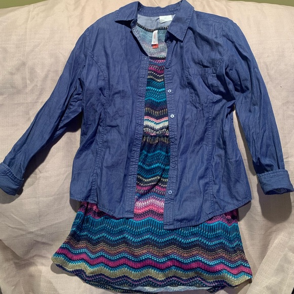 Cute colorful comfy Chevron stripe print dress sz L denim top shirt blue purple - Picture 6 of 16